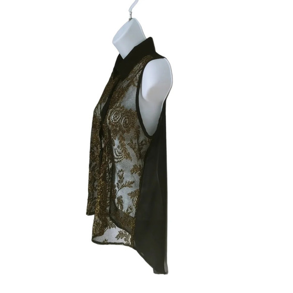 Sheer Black and Gold Sleeveless Button Down Blouse S - Picture 4 of 6